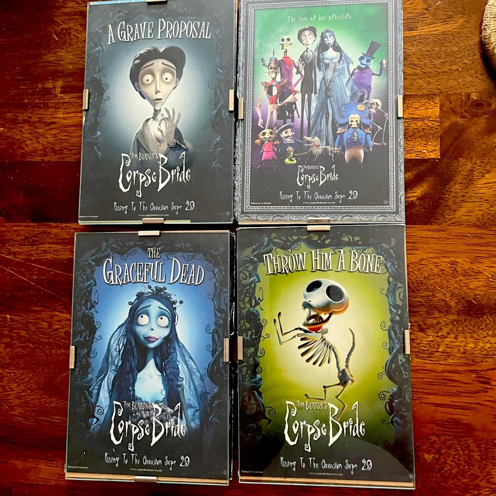 Tim Burton's Corpse Bride Four (4) Framed in glass Collectible Postcards scraps
